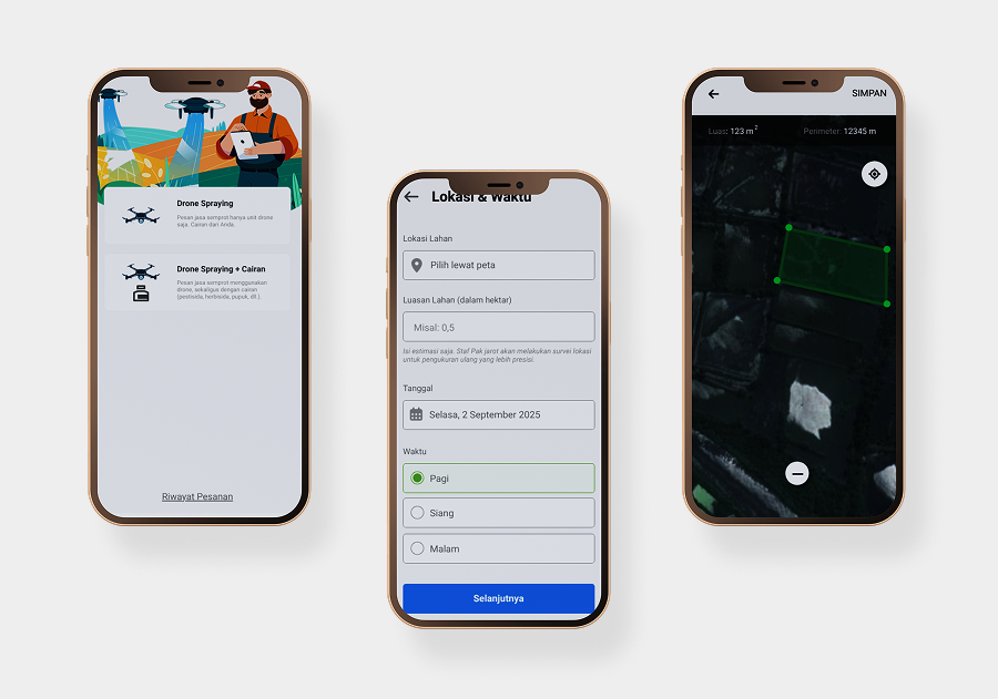 Three mobile screens of the Pak Jarot app: service selection, location and time booking, and a field map